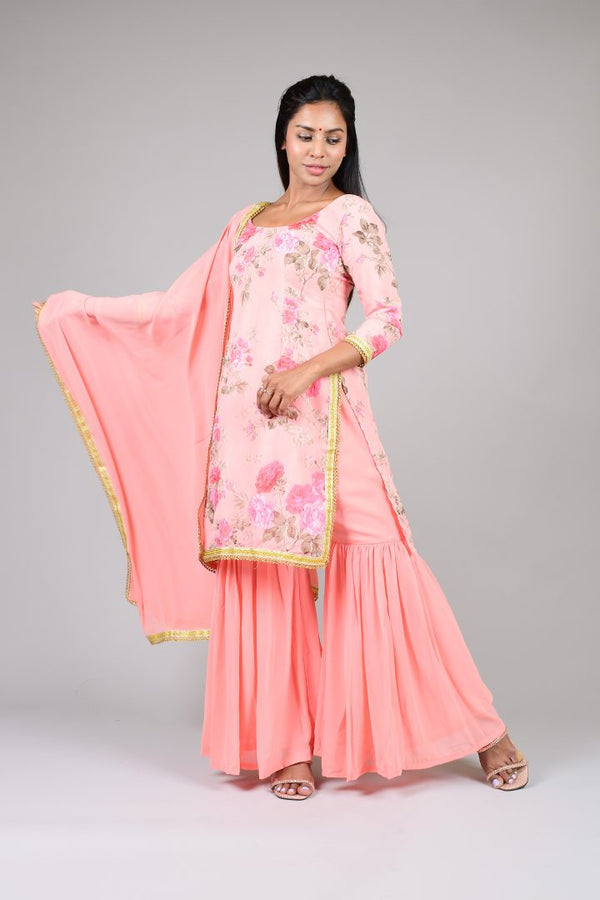 Sweet Pink Floral Kurti With Gharara & Dupatta