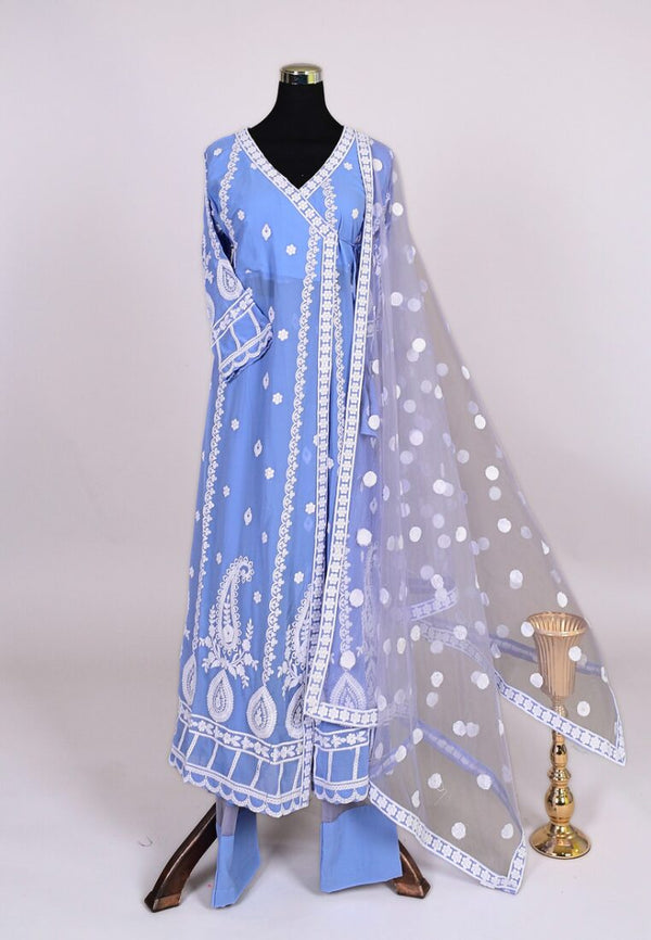 Sky-Blue Georgette Embroidered Kurti Top Pants And Dupatta Set