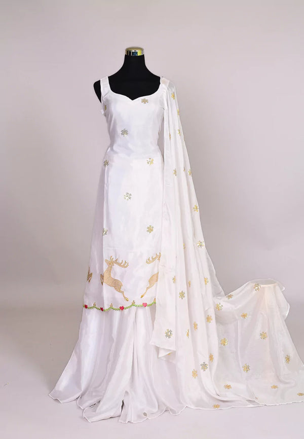 White Synthetic-Silk Sequin Embroidery Kurti Top Palazzo Dupatta Set