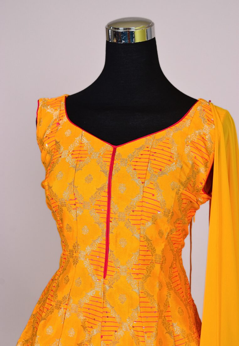 Yellow Cotton Blend Jacquard Kurti Set