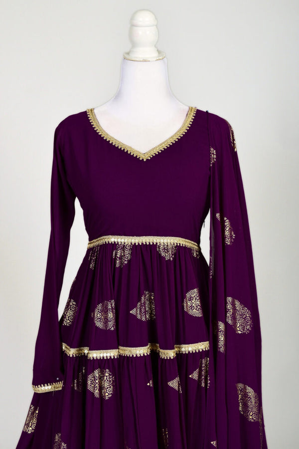 Purple-Wine Foil-Print Georgette Layered Anarkali Kurti & Dupatta