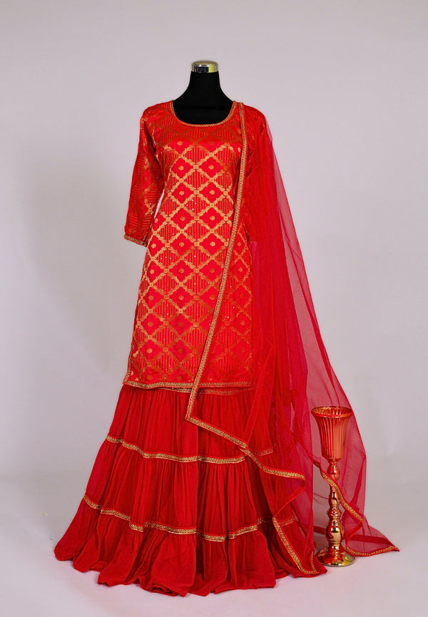 Chilli-Red Jacquard-Brocade Kurti With Gharara & Dupatta