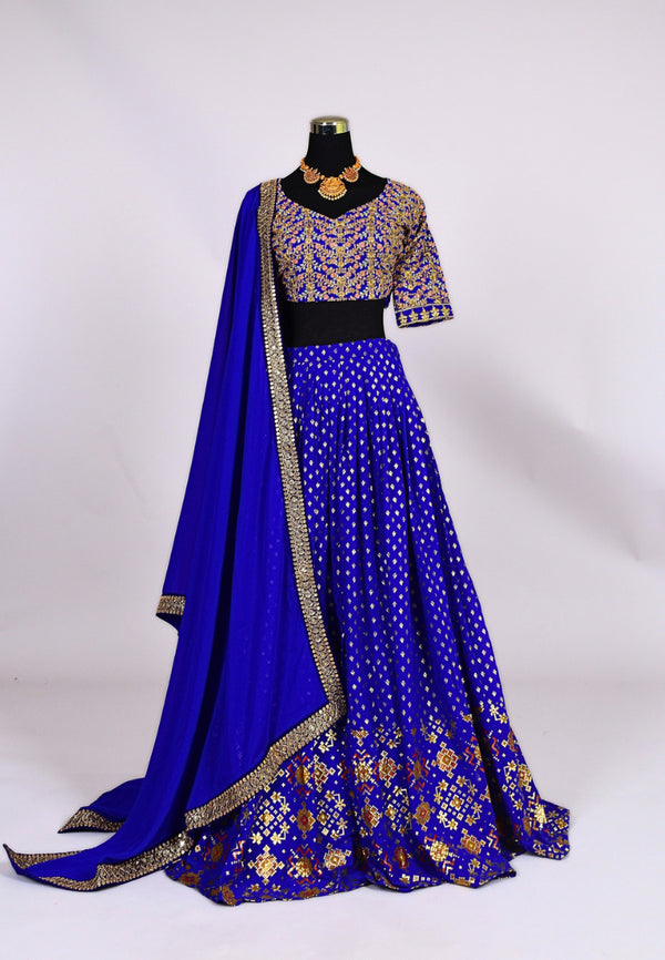 Royal-Blue Georgette Foil-Embroidered Lehenga Skirt, Blouse & Dupatta Set