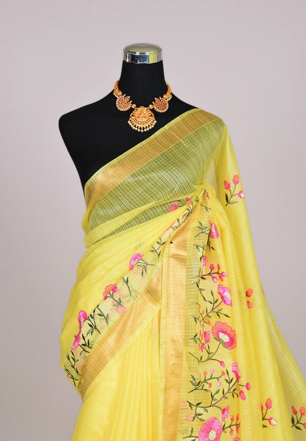 Pastel-Yellow Kota-Cotton Floral Embroidery Bengal Saree