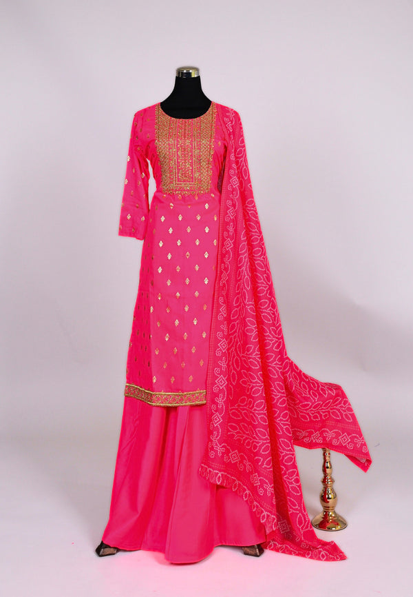 Pink-Gold Muslin Embroidery-Foil Kurti-Top, Palazzo And Dupatta Set