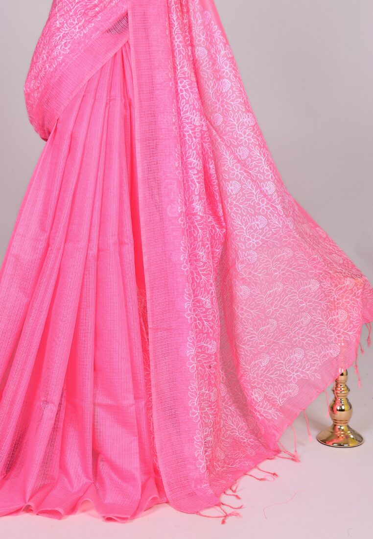Baby-Pink Kota-Cotton Light-Embroidery Bengal Saree
