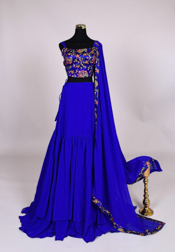Blue Georgette Double Layer Embroidery Lehenga Set