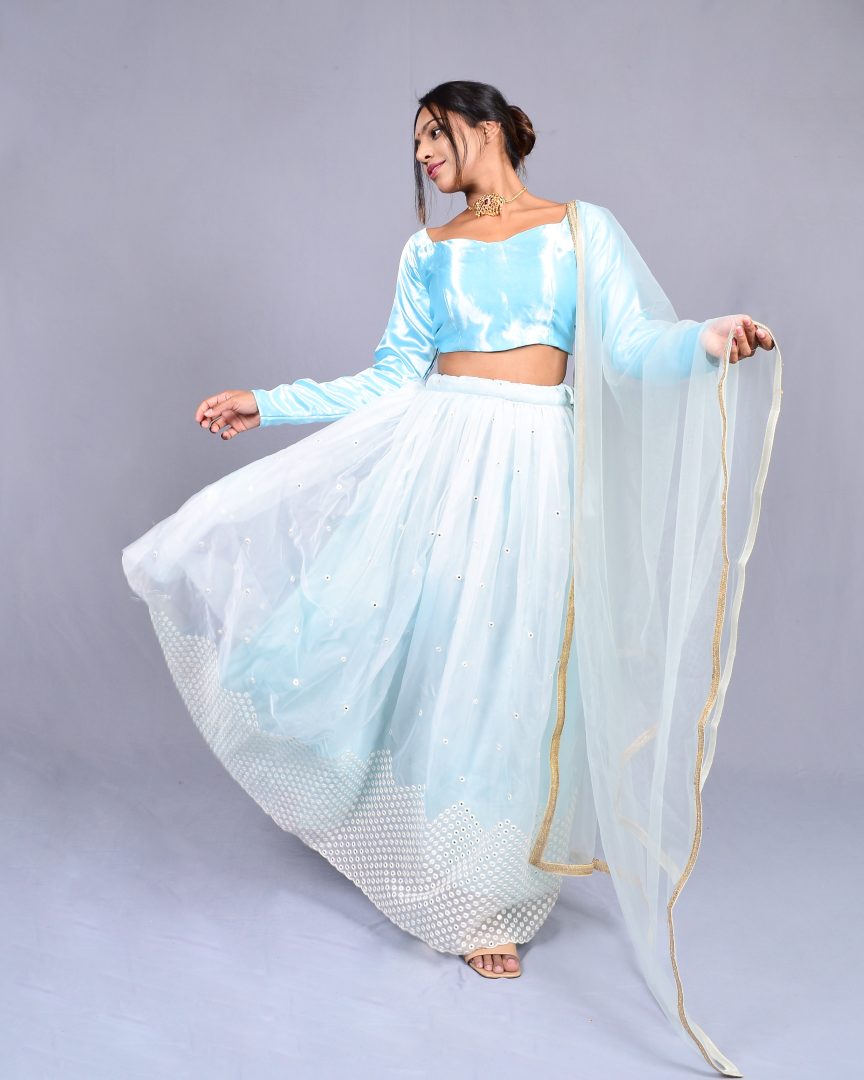 Buy Blue Milano Satin Embroidery Round Blouse And Lehenga Set For Women by  Mehak Murpana Online at Aza Fashions.
