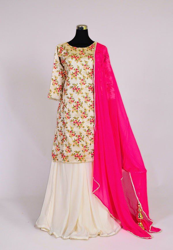 Cream Raw-Silk Embroidered Kurti & Sharara Pants with Dupatta