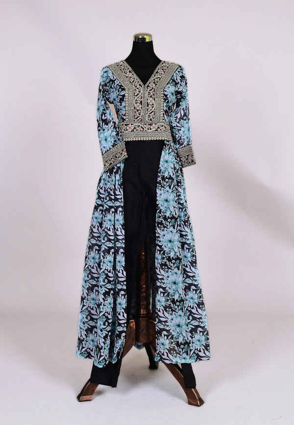 Black Georgette Floral-Printed Kurti, Top & Pants Set