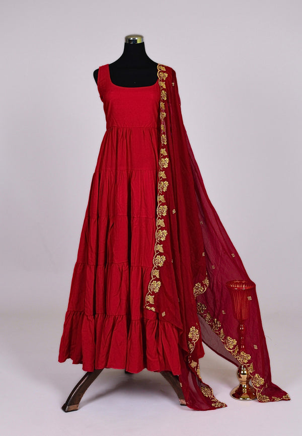 Red Chinnon Layered Anarkali Kurti Dress With Dupatta