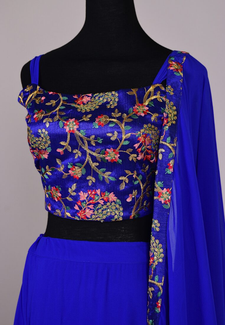 Blue Georgette Double Layer Embroidery Lehenga Set
