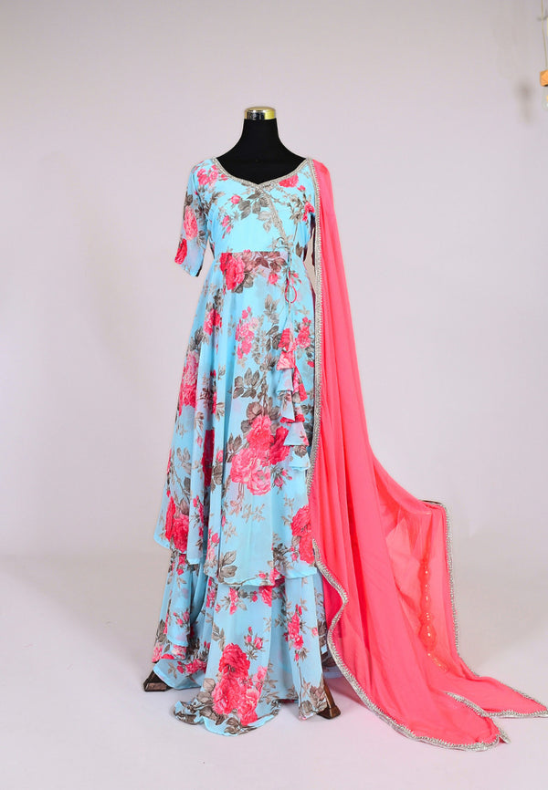 Powder-Blue Georgette Floral-Printed Anarkali Dress & dupatta Set