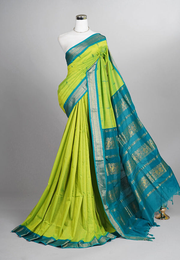 Apple-Green-Turquoise Cotton-Silk Gadwal South Saree