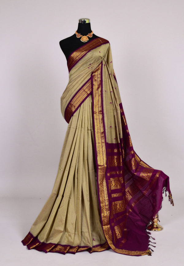 Ash Purple-Wine Silk Cotton Butti Body Gadwal South Saree