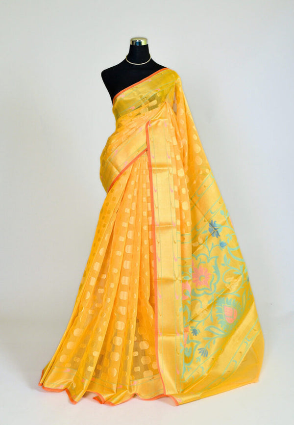 Pastel-Yellow Round Butta Cotton Banarasi Saree