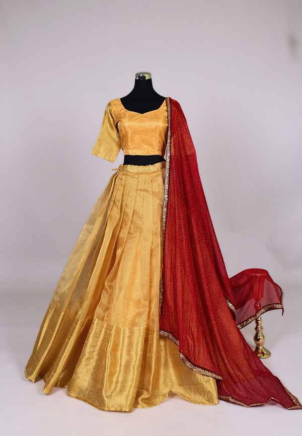 Gold Kota-Cotton-Tissue Lehenga Skirt Blouse Dupatta Set