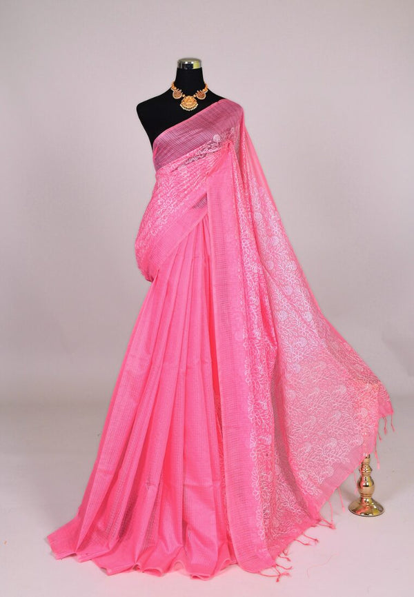 Baby-Pink Kota-Cotton Light-Embroidery Bengal Saree