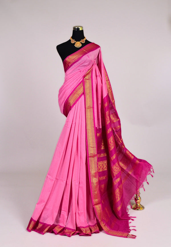 Baby-Pink Silk Cotton Zari Butti Gadwal South Saree.