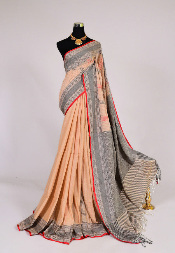 Beige-Grey Handloom-Mercerised-Pure-Cotton Plain-Body Bengal-Saree
