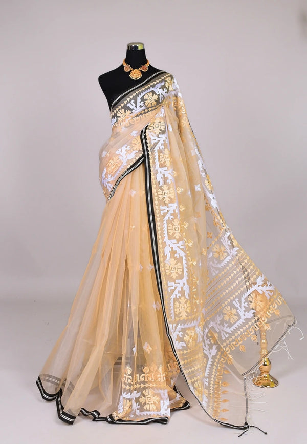 Beige White Handwoven-Muslin Heavy Embroidery Bengal Saree