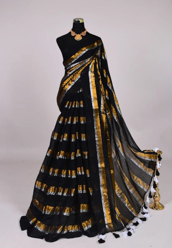 Black Silver Handspun-Pure-Cotton With Zari Woven Striped Body Bengal Saree