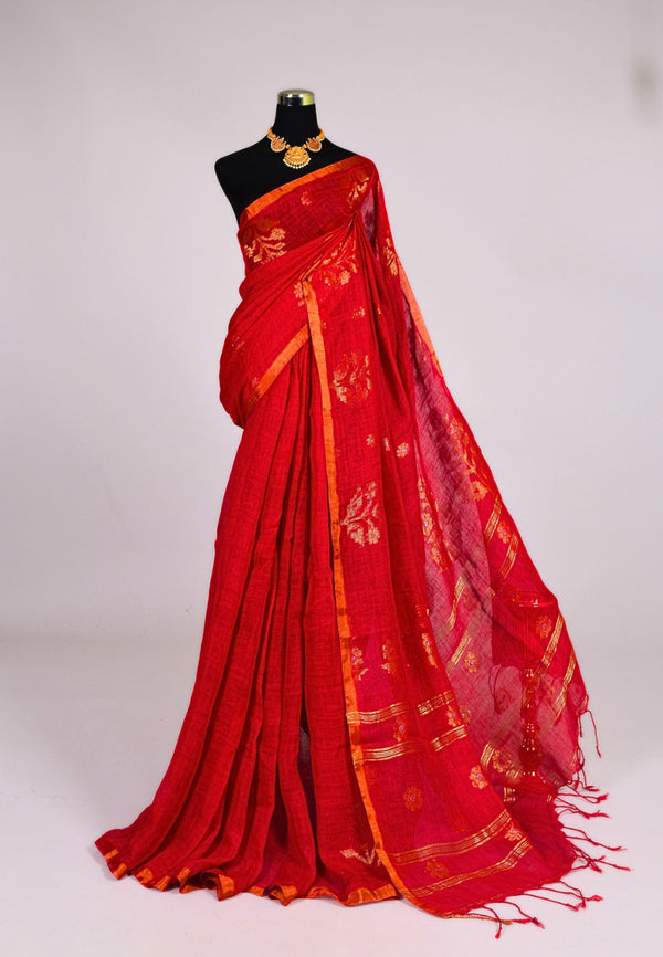 Blood-Red Handloom Pure Linen Floral Border Bengal-Saree