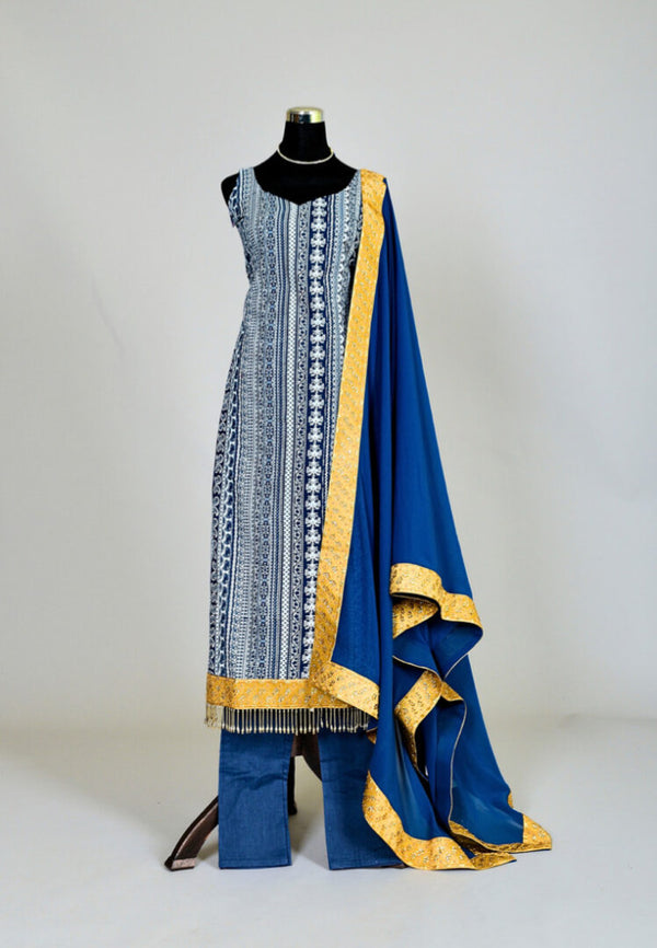 Blue Aztec Print Kurti With Pants & Dupatta