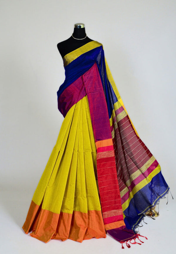 Blue-Green Silk-Cotton Handloom Ghicha Bengal Saree
