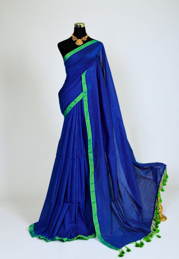 Blue-Green Handspun Cotton Plain Bengal Saree