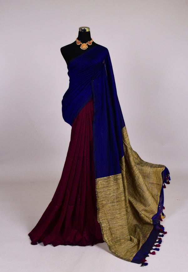 Blue Purple-Wine Handloom Pure Cotton Ghicha Pallu Bengal Saree