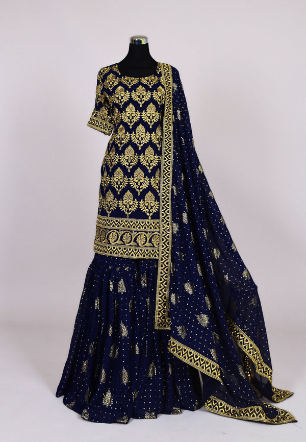 Navy-Blue Gold Georgette Embroidered-Foil Kurti, Gharara And Dupatta Set