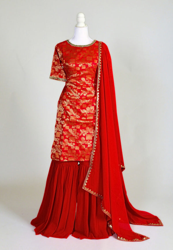 Chilli-Red Cotton-Blend Jacquard Kurti With Gharara & Dupatta