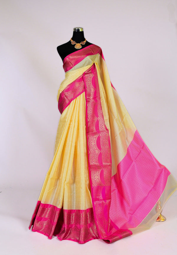 Cream-Pink Kora Tanchui Embossed Body Crown Border Banarasi Saree