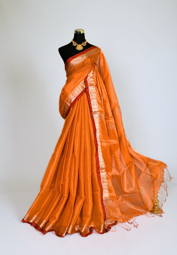 Orange Tissue-Cotton Zari Border Handloom Bengal Saree