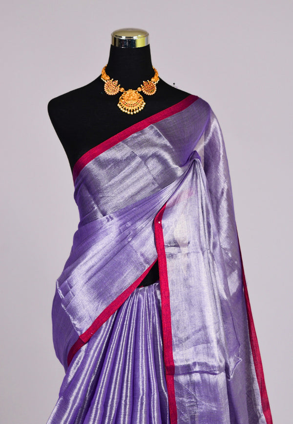 Purple Red Handspun Pure Cotton Tissue Delicate Bengal Saree