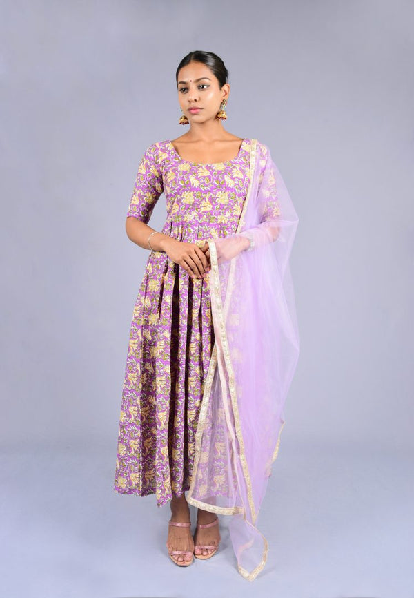 Lavender Block-Print Cotton Anarkali Kurta With Net Dupatta Set