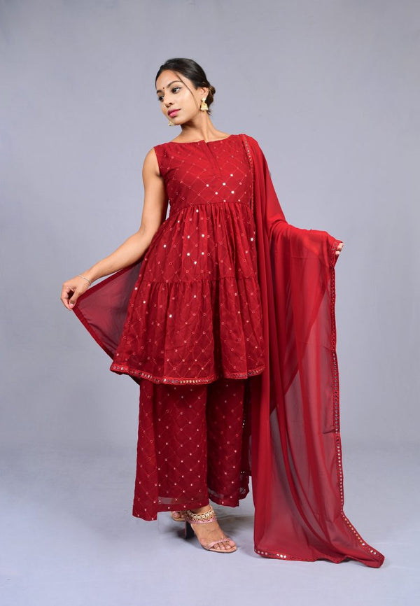 Maroon Embroidered Georgette Peplum Kurti with Sharara & Dupatta