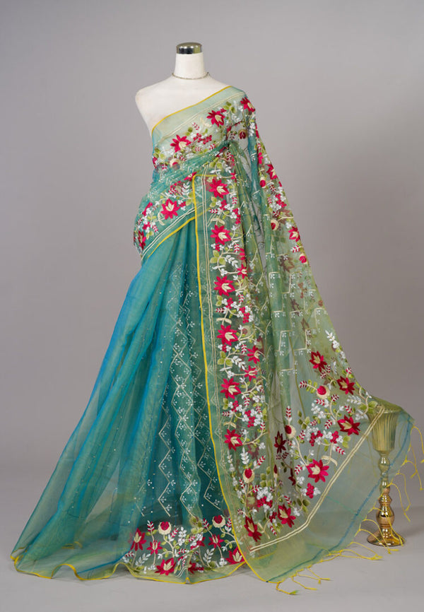 Dark-Turquoise Muslin Embroidered Bengal Saree