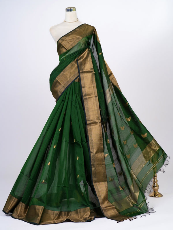 Dark-Green Handloom Pure Silk Cotton Maheshwari Saree
