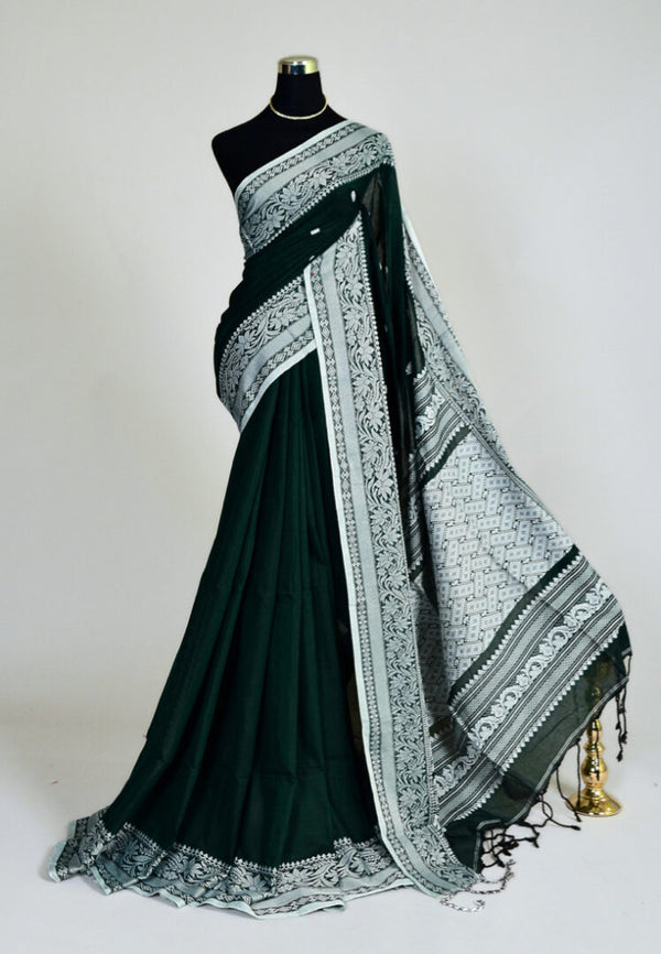 Dark Green-White Handloom Pure Mercerised Cotton Bengal Saree