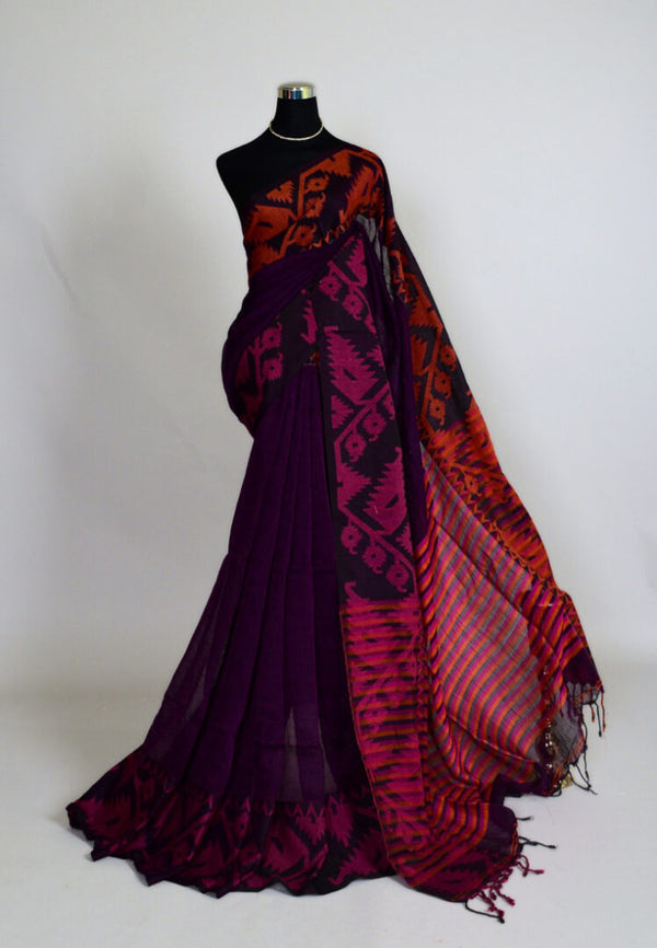 Dark-Purple Handloom Silk Cotton Double Border Bengal Saree