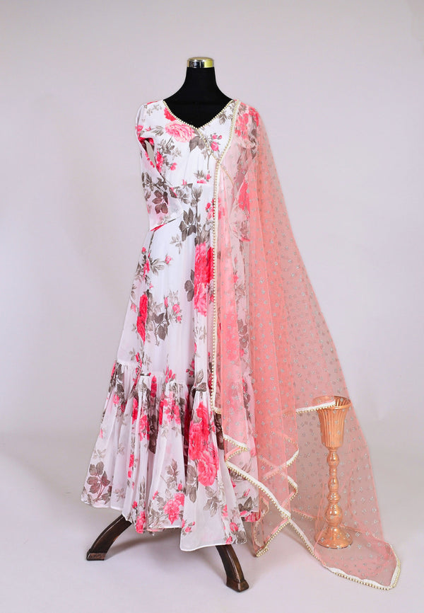 White Georgette Floral-Printed Anarkali Dress & dupatta Set