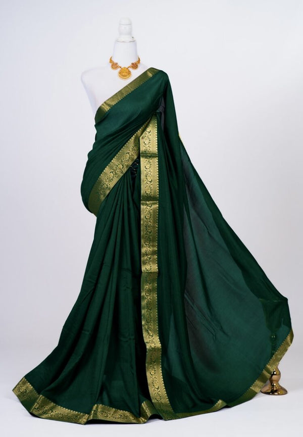 Emerald-Green Vichitra Silk Zari Border North Saree