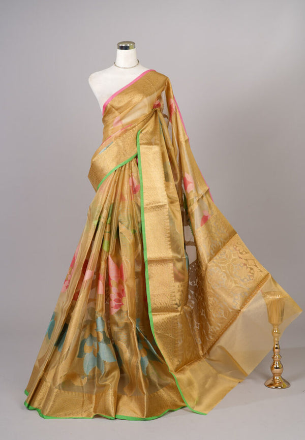 Gold Meenakari Floral-Woven Tissue Banarasi-Saree