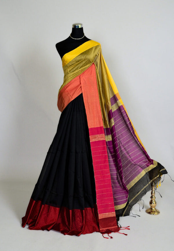 Gold-Black Handloom Silk Cotton Ghicha Pallu Bengal Saree