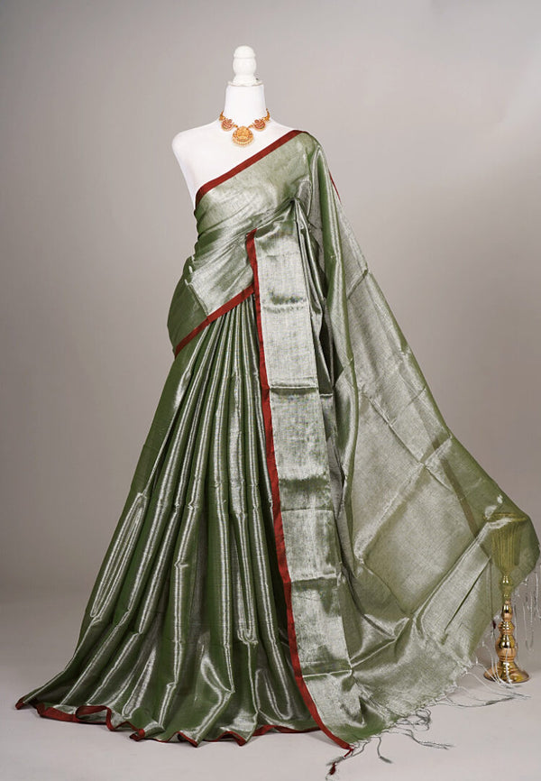 Green Silver Plain Tissue-Cotton Bengal Saree