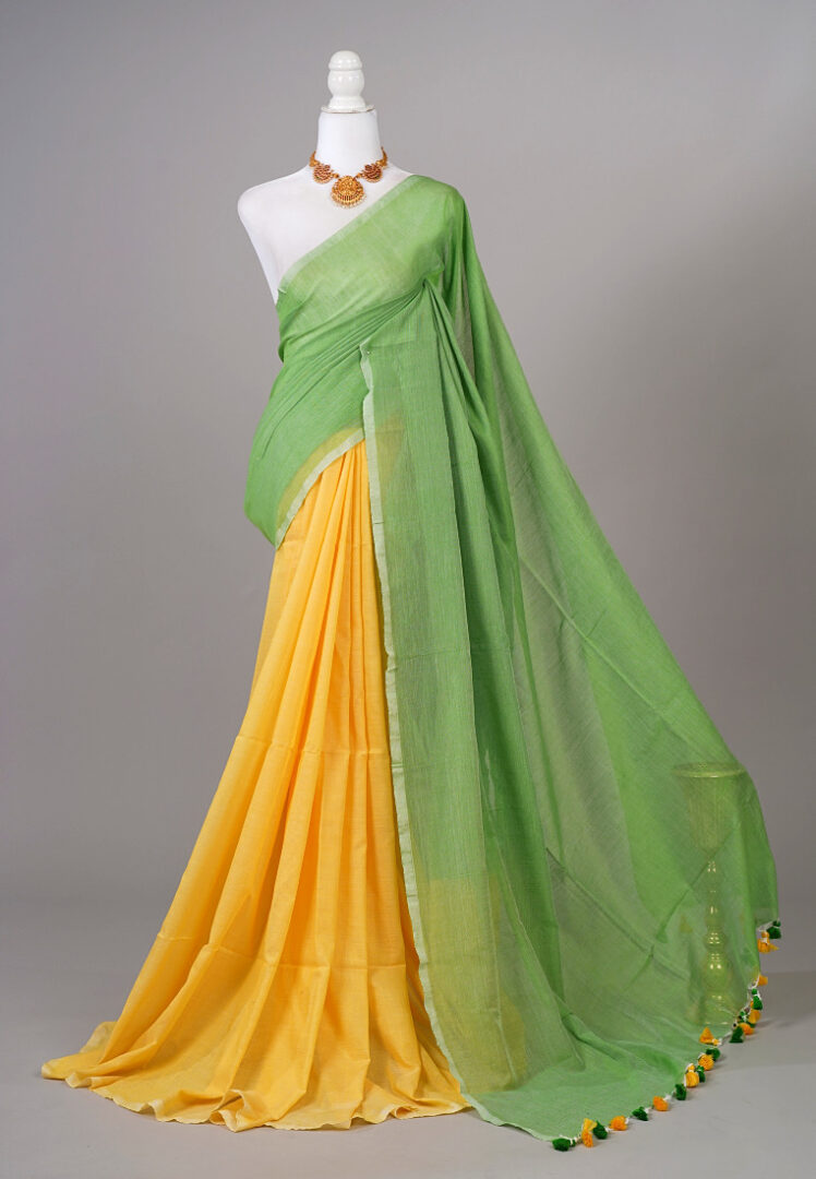 NEW! Colour Block Handloom Cotton Saree with Pompoms I ArtEastri – Arteastri