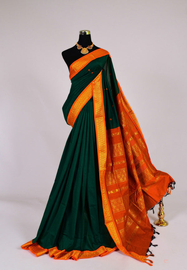 Green-Orange Cotton Silk Gadwal South Saree