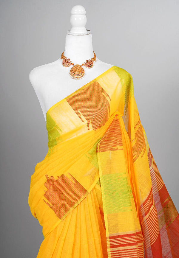Yellow-Red Temple Border Silk Cotton Handloom Bengal Saree
